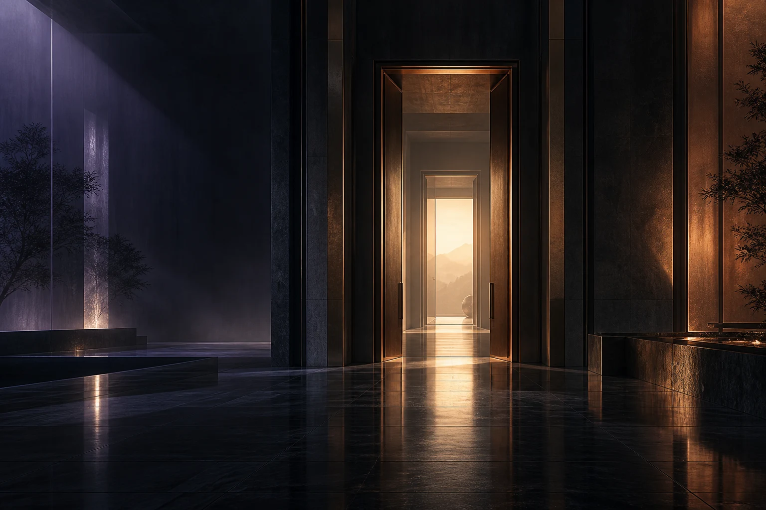 Illustration conceptuelle : portes en perspective, lumière cuivre et violet dans un intérieur sombre.